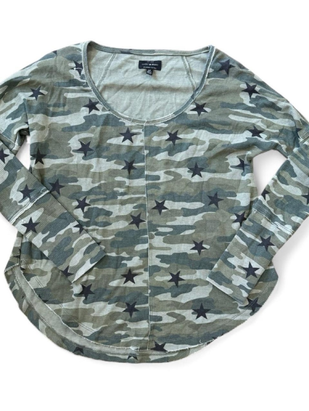 Lucky Brand Distressed Camo Thermal Shirt Black Stars Grunge Patriotic Women’s S